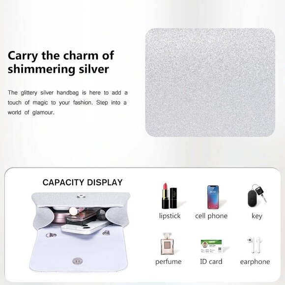🆕Women’s Silver Glitter Evening Handbag Top Handle Purse w/ Chain Crossbody Bag - Picture 6 of 7
